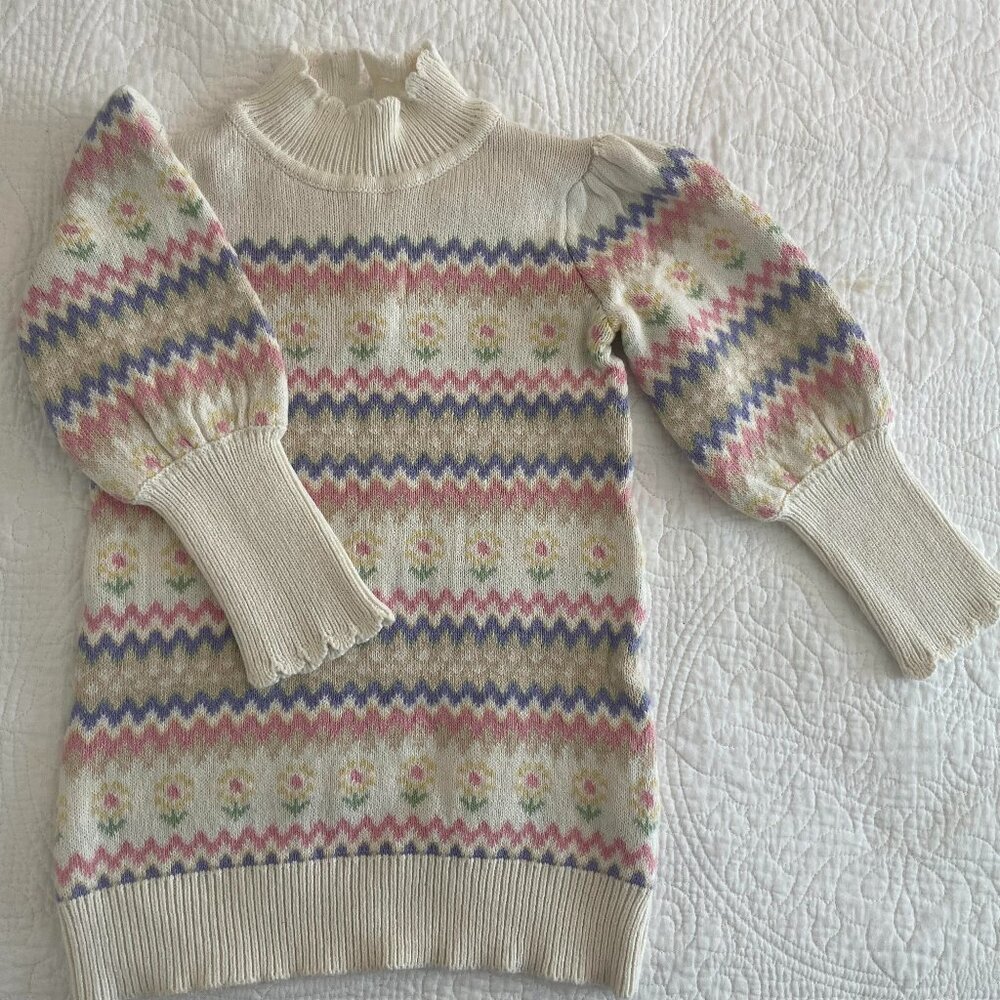 Janie and Jack Cream Sweater Dress with Pink, Blue and Green Fair Isle